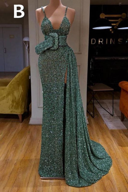 Sexy Long Mint Green Sequins Prom Dresses Mermaid