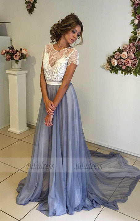 Prom Dresses,Modern Short Sleeve Lace Evening Dress A-line Sweep Train