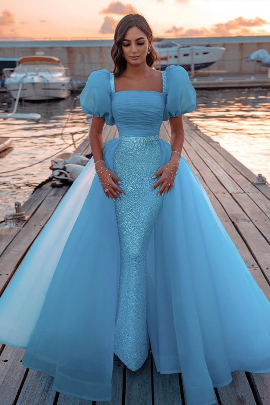 Glamorous Tulle Lake Blue Sequins Mermaid Prom Dresses With Detachable