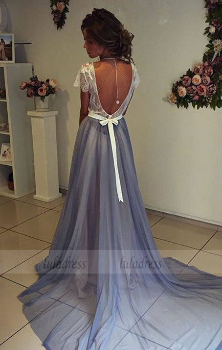 Prom Dresses,Modern Short Sleeve Lace Evening Dress A-line Sweep Train