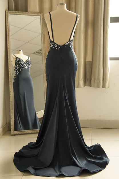 Spaghetti Straps V-Neck Prom Dress | Sleeveless Appliques Beadings Party Dress