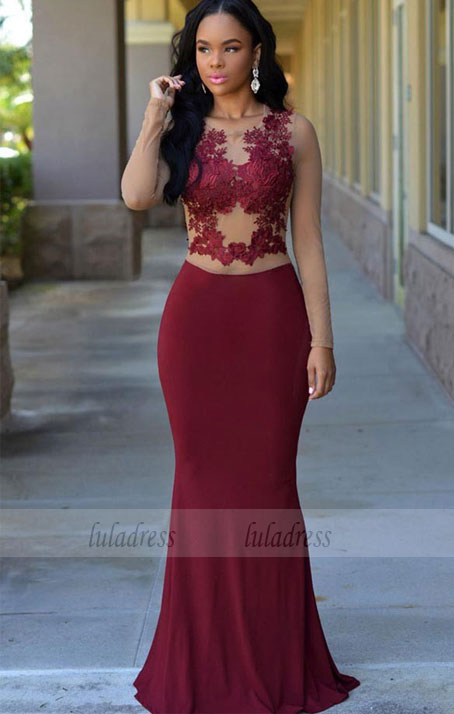 Modest Prom Dress, Evening Dress Burgundy Mermaid Long With Appliques