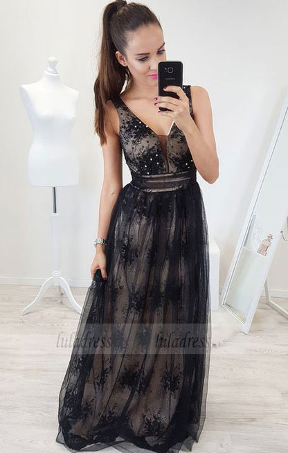 A-Line V-Neck Backless Floor-Length Black Prom Dress with Appliques Beading