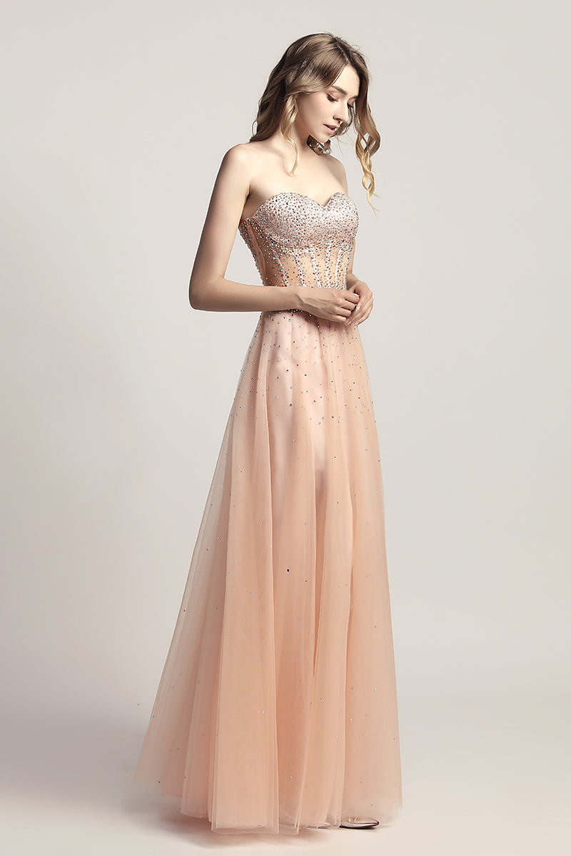 Strapless A-line Tulle beaded Long Prom Dress