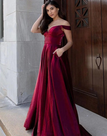 A-Line Long Off the Shoulder Burgundy Prom Dresses,Evening Dresses