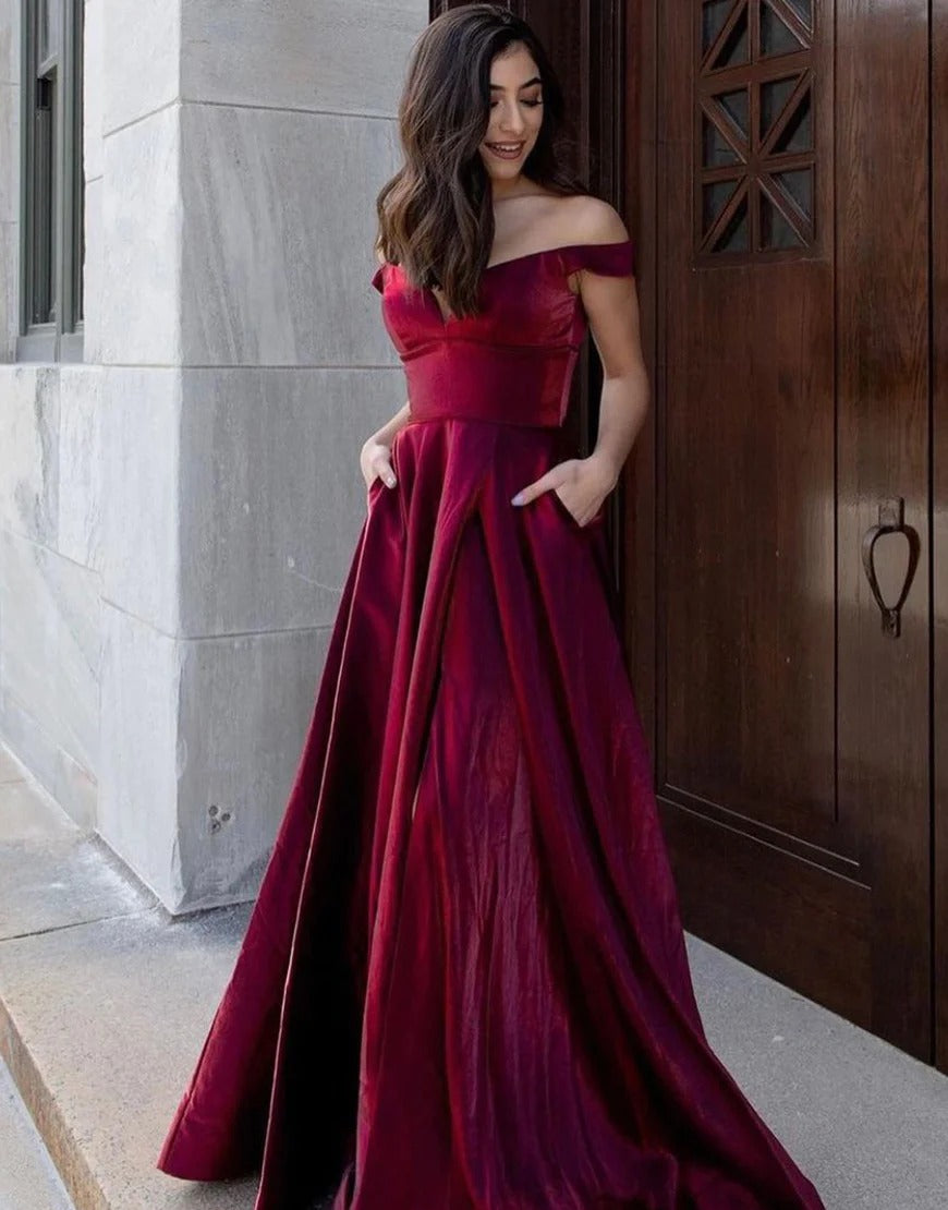 A-Line Long Off the Shoulder Burgundy Prom Dresses,Evening Dresses