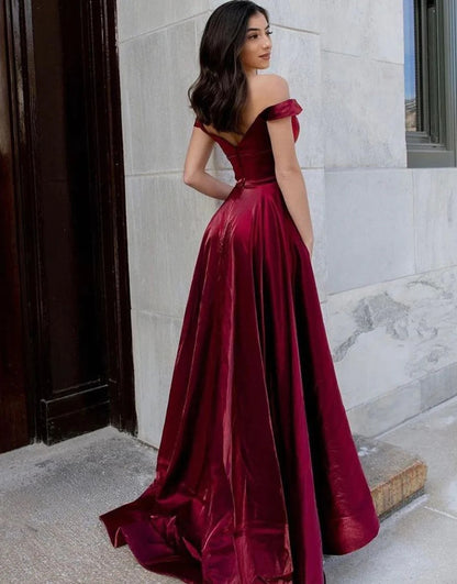 A-Line Long Off the Shoulder Burgundy Prom Dresses,Evening Dresses