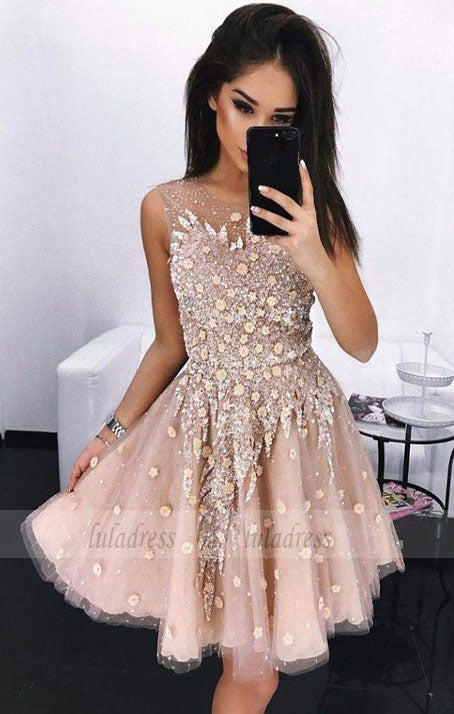 A-Line Round Neck Above-Knee Prom Homecoming Dress with Appliques Beading