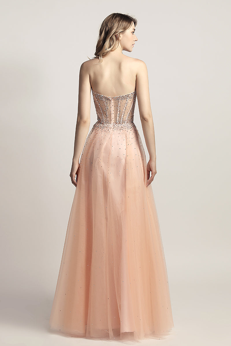 Strapless A-line Tulle beaded Long Prom Dress