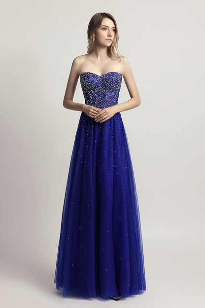 Strapless A-line Tulle beaded Long Prom Dress