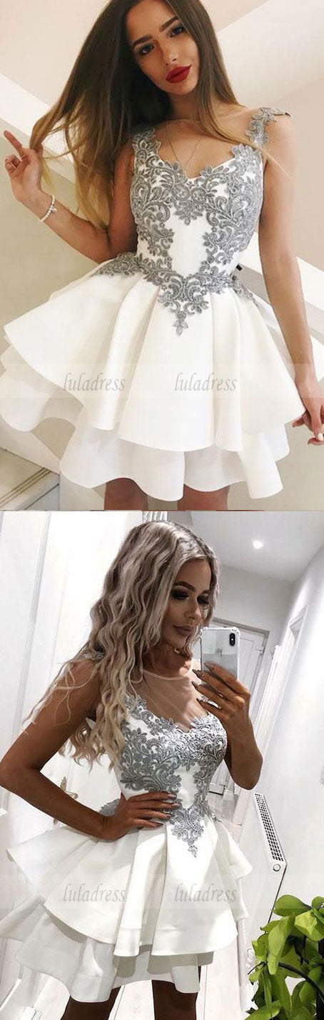 A-Line Round Neck Short White Tiered Homecoming Dress with Appliques