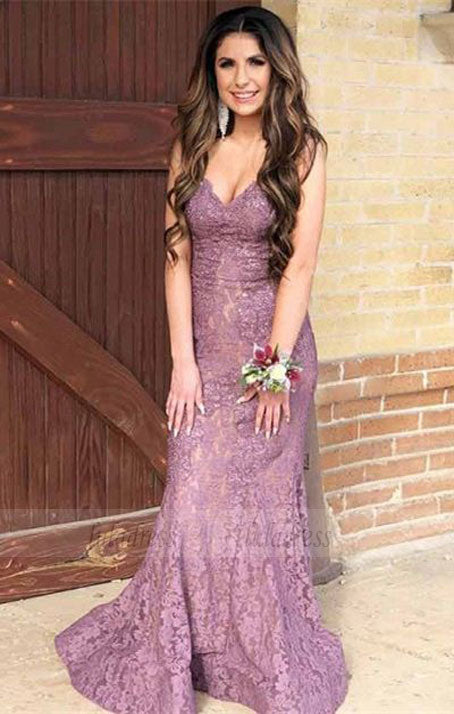 Mermaid Spaghetti Straps Sweep Train Dusty Rose Lace Prom Dress