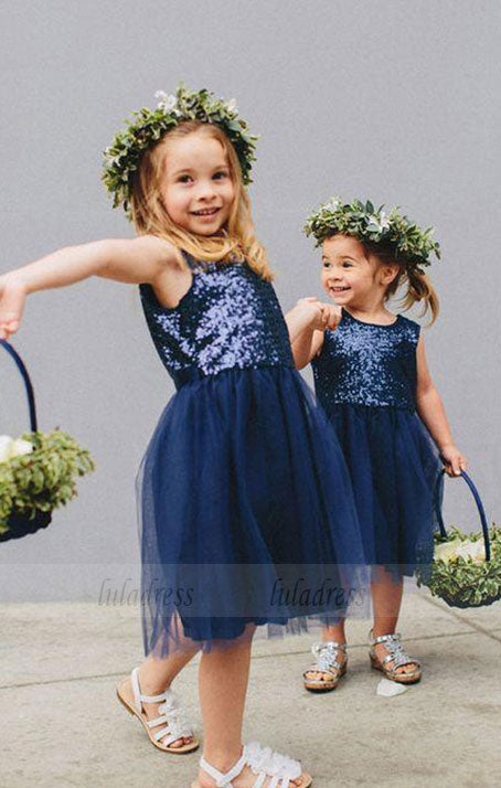 Navy Blue Sequins Tulle Flower Girls Dresses for Weddings