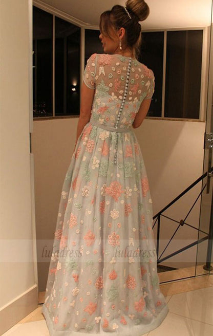 A-Line Jewel Cap Sleeves Sweep Train Mint Lace Prom Dress with Belt