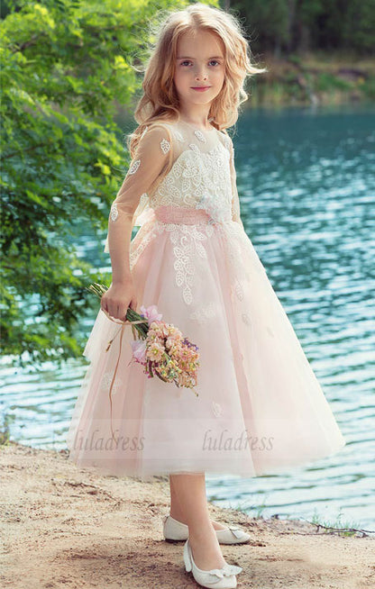 A-Line Flower Girl Dresses with 3/4 Illusion Lace Sleeves