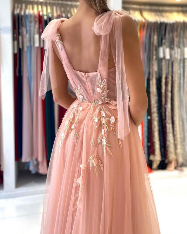 Princess Tulle Coral Pink Split Appliques Lace A-Line Prom Dresses