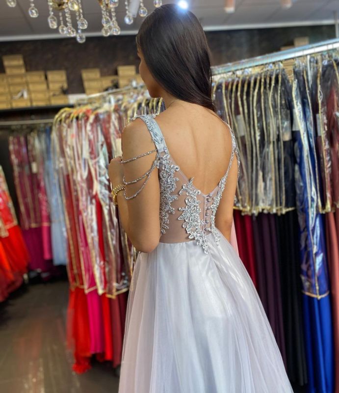 Women Sleeveless Silver Lace A-Line Long Prom Dresses