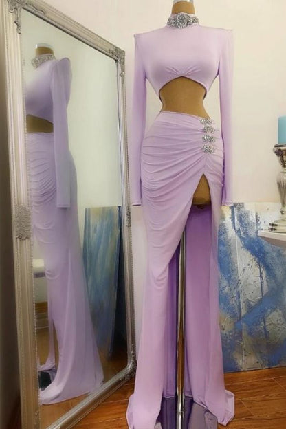 Sexy High Slit Long Sleeves High Neck Prom Dress