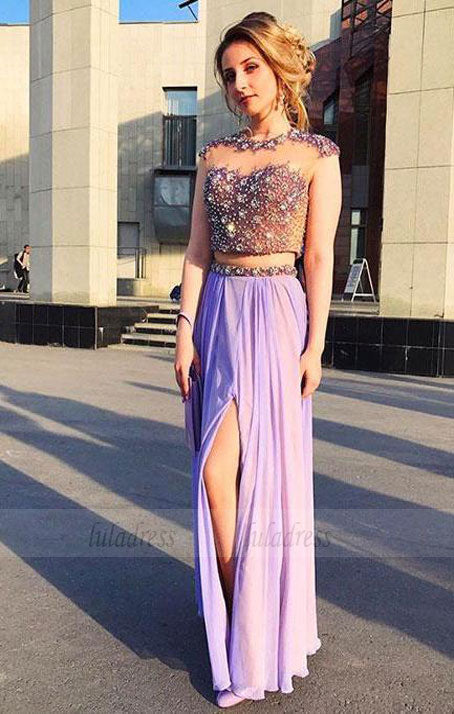 Sexy Sleeveless Prom Dress, Beaded Two Piece Prom Dresses, High Slit Long Party Dress