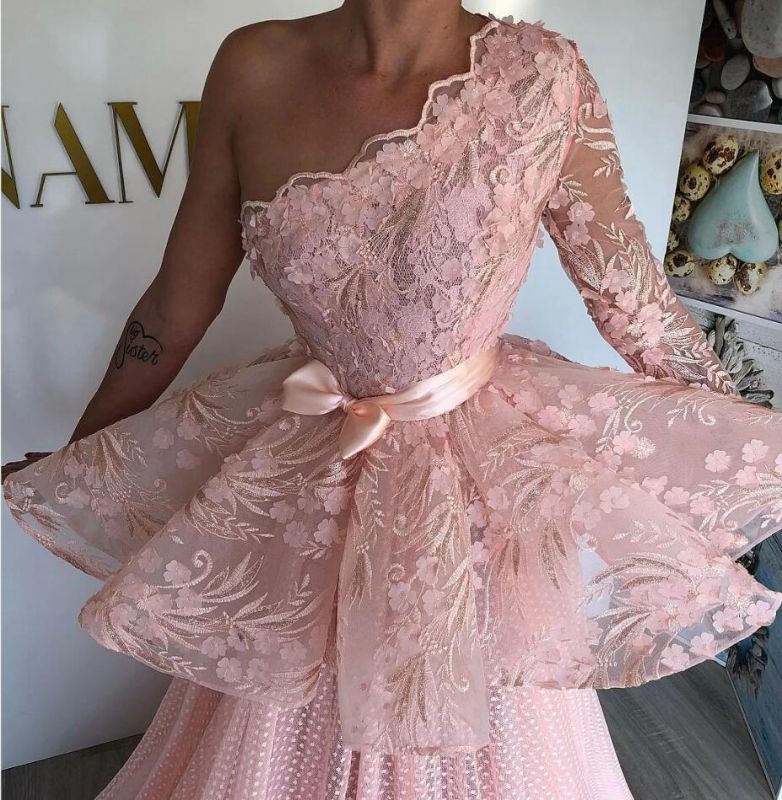 One Shoulder Pink Tulle Lace Prom Dresses On Sale