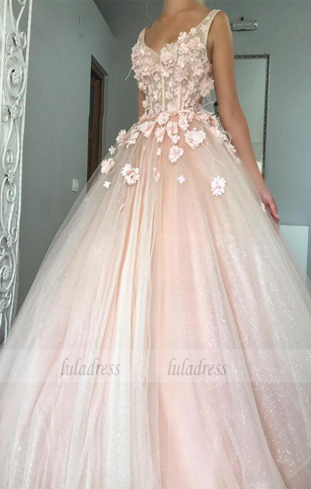 Charming Ball Gown Wedding Dress, Appliques Pink Tulle Bridal Dresses