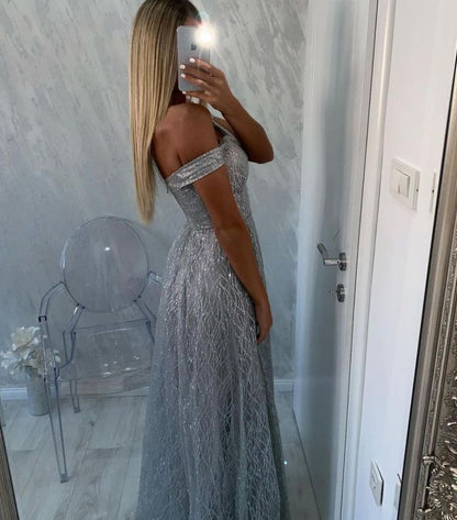 Women Silver Sequins Prom Dresses Off The Shoulder