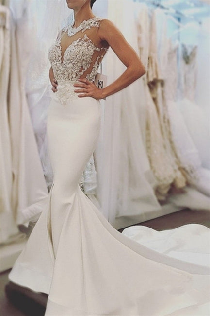 Elegant Mermaid Sleeveless Wedding Dresses | Open Back Lace Wedding Dress Online