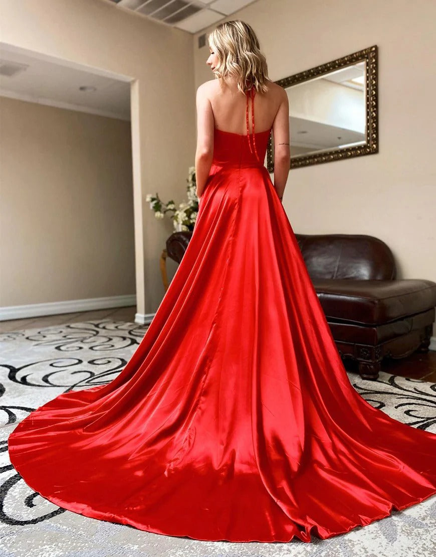 Red Long Simple V Neck Satin Prom Dress