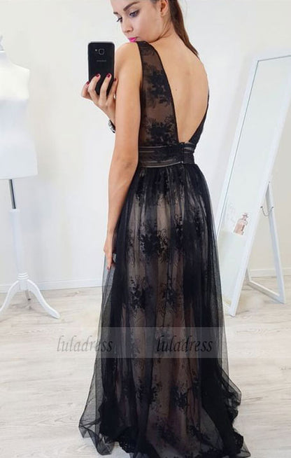 A-Line V-Neck Backless Floor-Length Black Prom Dress with Appliques Beading