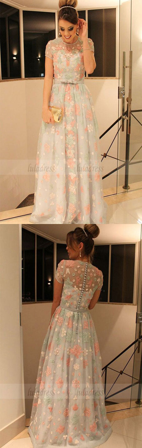 A-Line Jewel Cap Sleeves Sweep Train Mint Lace Prom Dress with Belt