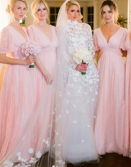 Pink Lace Bridesmaid Dresses with Sleeves