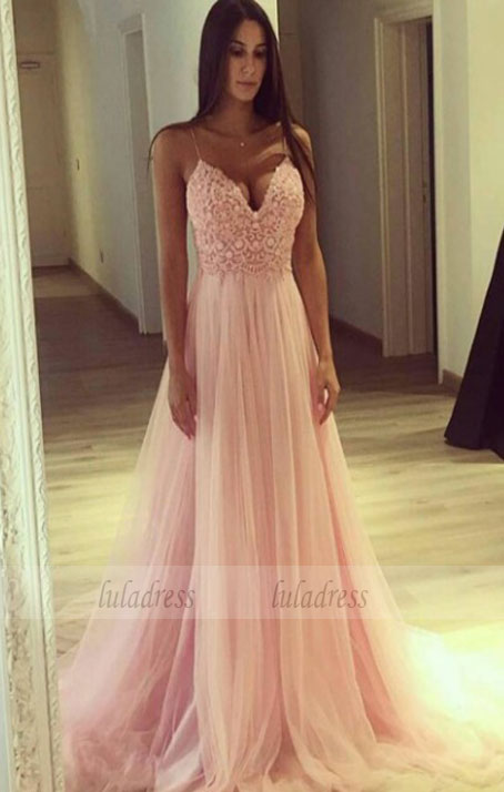 A line Tulle Party Dress,Spaghetti Straps Blush Pink Tulle Evening Dresses