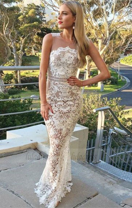 unique white lace mermaid prom dresses, modest round neck evening gowns