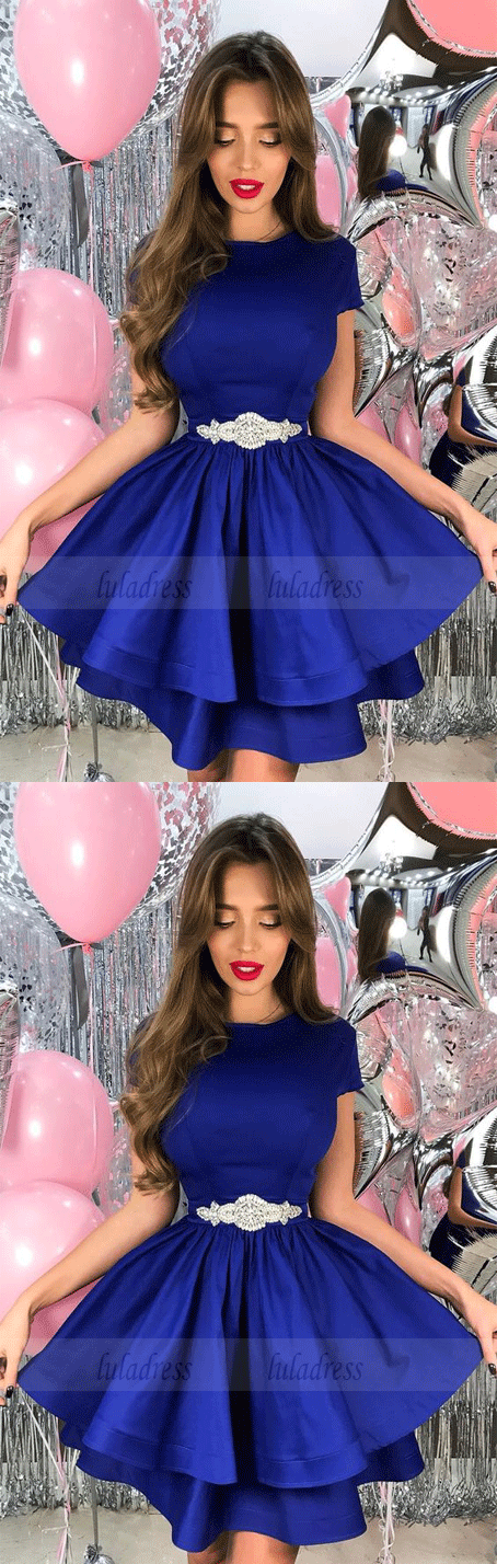 A-Line Crew Short Royal Blue Tiered Satin Homecoming Dress with Beading