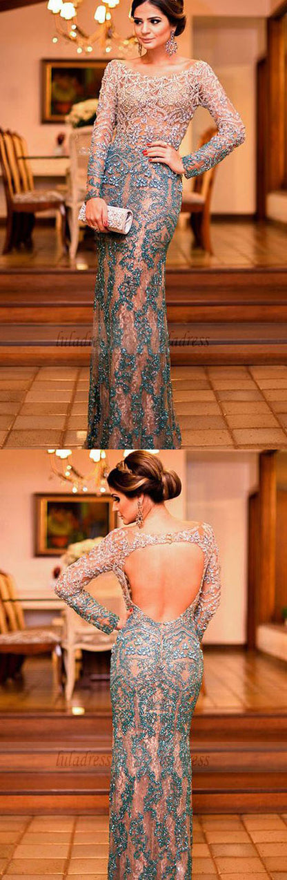 Mermaid Long Sleeves Evening Dress, Prom Dress with Appliques Beading