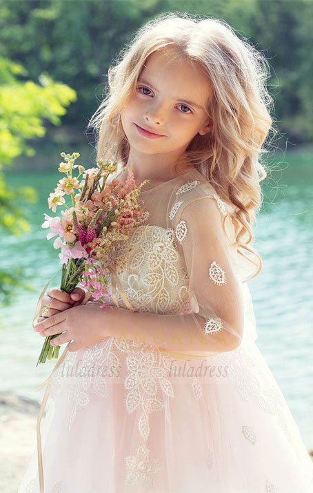 A-Line Flower Girl Dresses with 3/4 Illusion Lace Sleeves