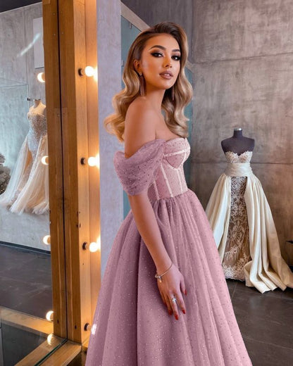 Off-the-Shoulder Sequins Tulle Short Prom Dress