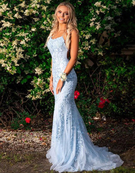 Mermaid Blue Long Backless Tight Prom Dresses