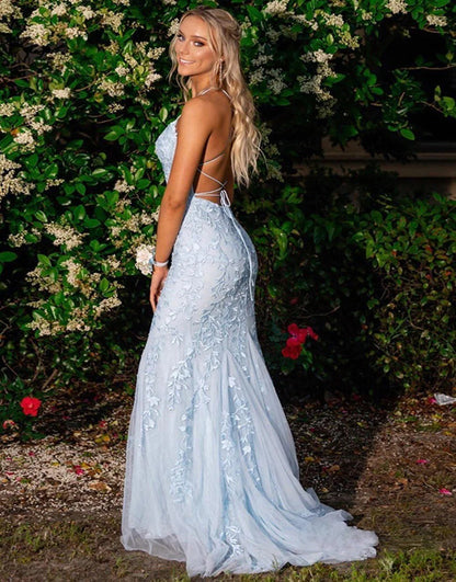 Mermaid Blue Long Backless Tight Prom Dresses