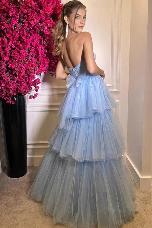 A-line Beautiful Blue Tiered Tulle Sweetheart Floor Length Prom Dresses