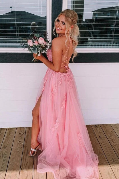 Beautiful Pink Tulle A-line Lace Backless Long Prom Dresses