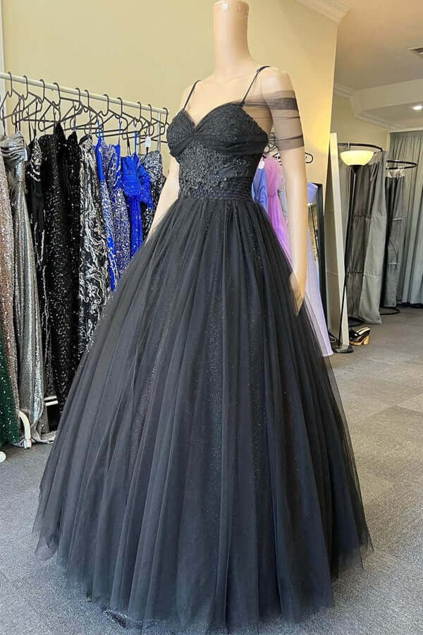 A-line Black Tulle Cold-Shoulder Sweetheart Prom Dresses, Evening Dresses