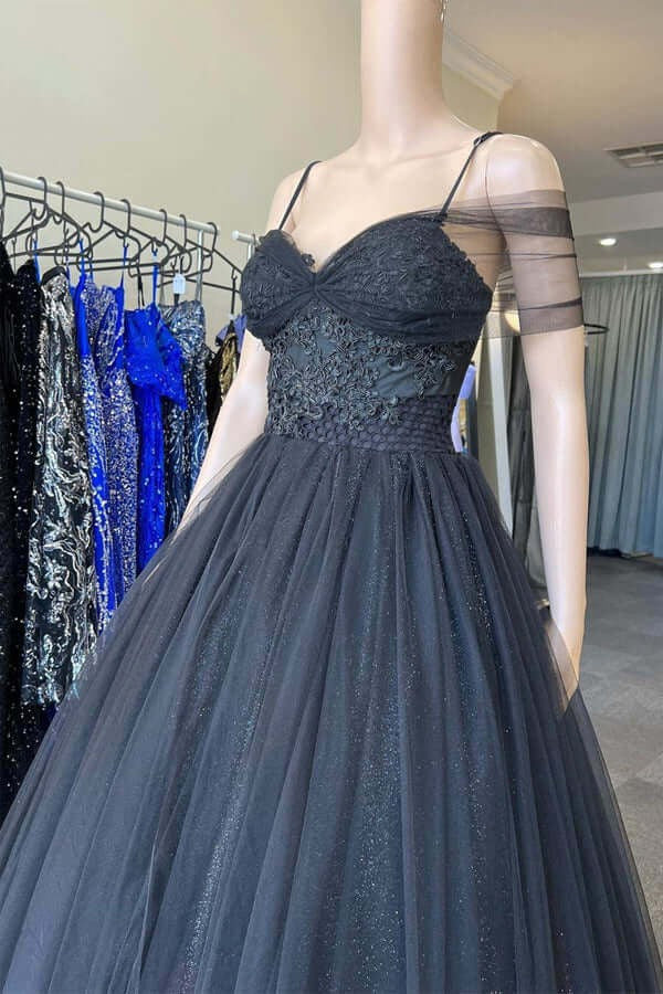 A-line Black Tulle Cold-Shoulder Sweetheart Prom Dresses, Evening Dresses