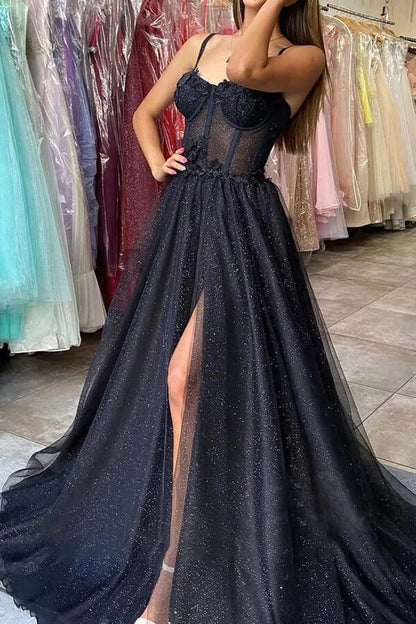 Black Tulle Sweetheart A-line Spaghetti Straps Prom Dresses