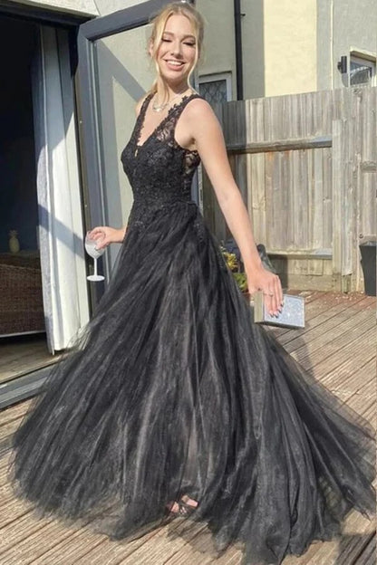 V-neck Black Tulle A-line Prom Dresses With Lace Appliques, Evening Dresses