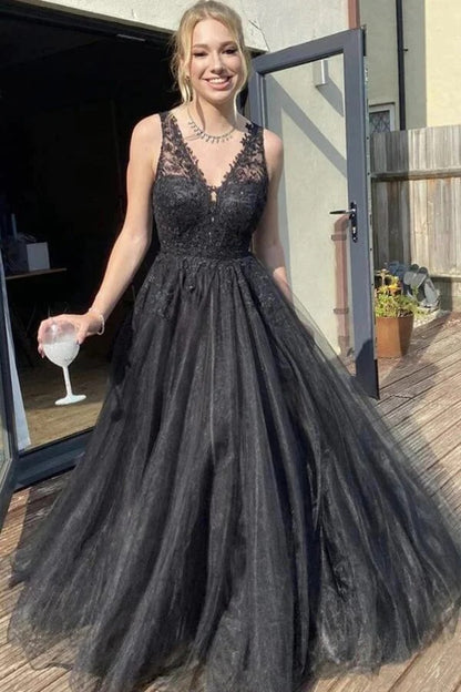 V-neck Black Tulle A-line Prom Dresses With Lace Appliques, Evening Dresses