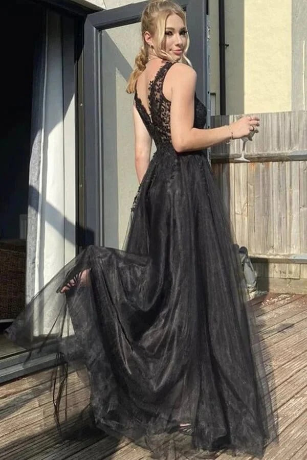 V-neck Black Tulle A-line Prom Dresses With Lace Appliques, Evening Dresses