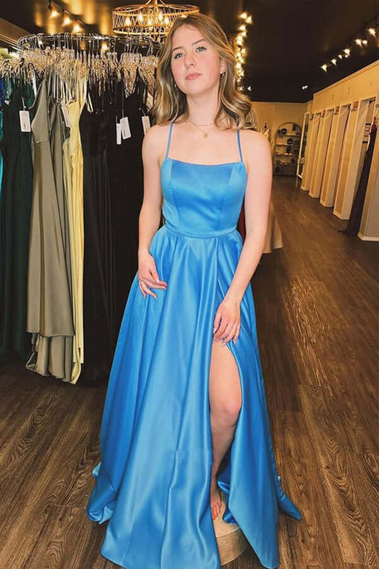 Spaghetti Straps Satin Side Slit Blue A-line Prom Dresses, Evening Dresses