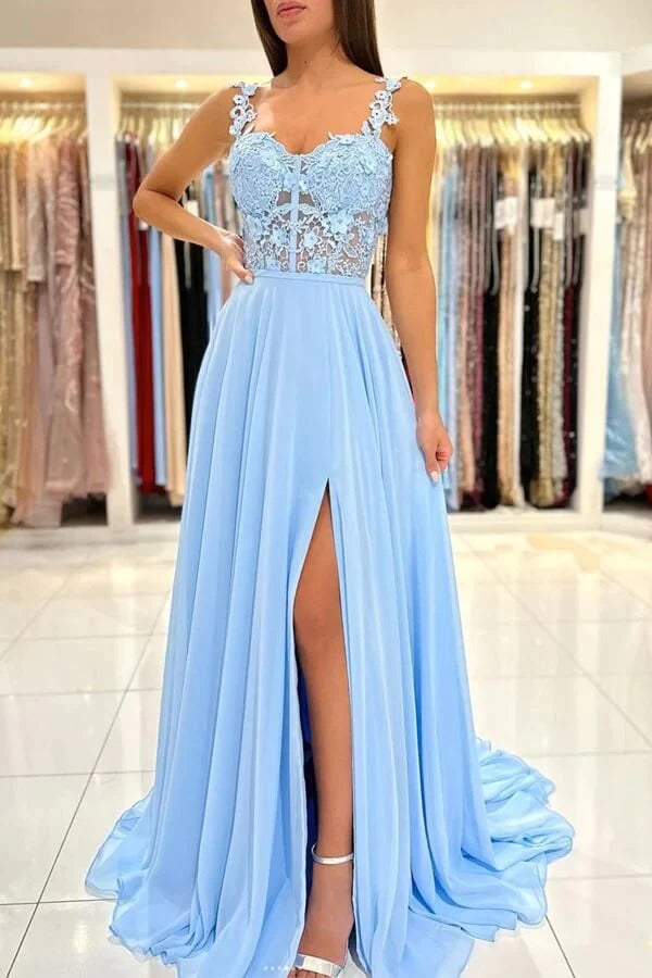 Blue Chiffon A-line Prom Dresses With Lace Appliques, Evening dresses