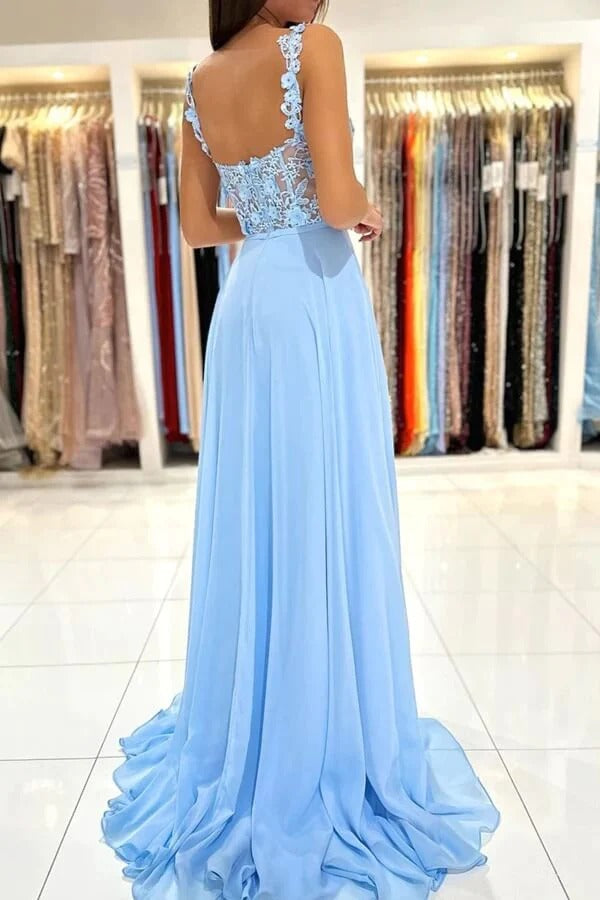 Blue Chiffon A-line Prom Dresses With Lace Appliques, Evening dresses